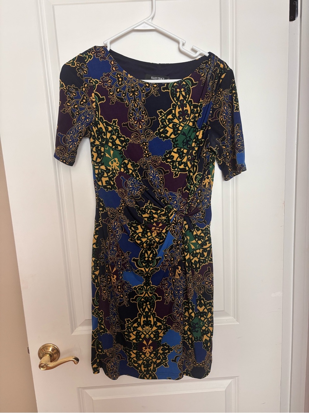 Ellen Tracy Navy Blue Purple Green & Gold Patterned Midi Dress